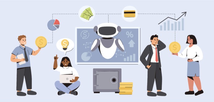 Ilustrasi agentic AI dalam sektor keuangan, menggambarkan peran AI otonom dalam keamanan data, transaksi digital, serta interaksi pengguna dengan sistem finansial.